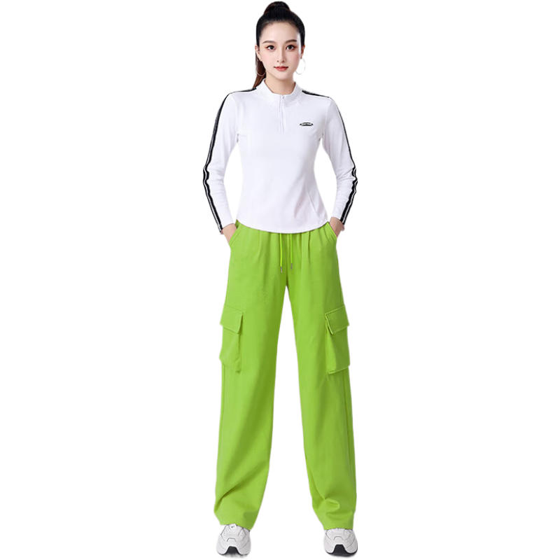 貝茲曼廣場(chǎng)舞服裝女鬼步舞戰馬舞服裝棉休閑跑步運動(dòng)服女長(cháng)袖春秋新款 白色上衣+黃綠褲 XL (105斤-115斤)
