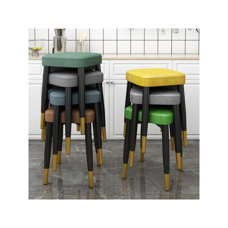 从野家具家用可叠放方凳乳胶板凳现代简约餐椅轻奢凳子创意椅子客厅小矮凳 宝蓝色-油皮面-金腿 【升级乳胶款】