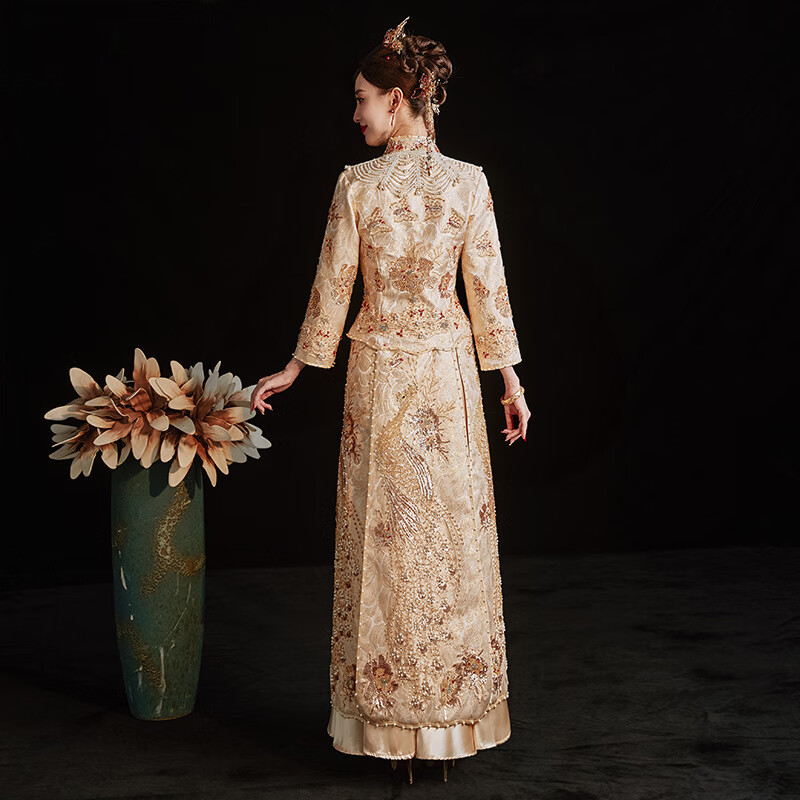 戴丽格秋冬香槟色秀禾服女新娘24新款金色敬酒服中式结婚礼服嫁衣 高