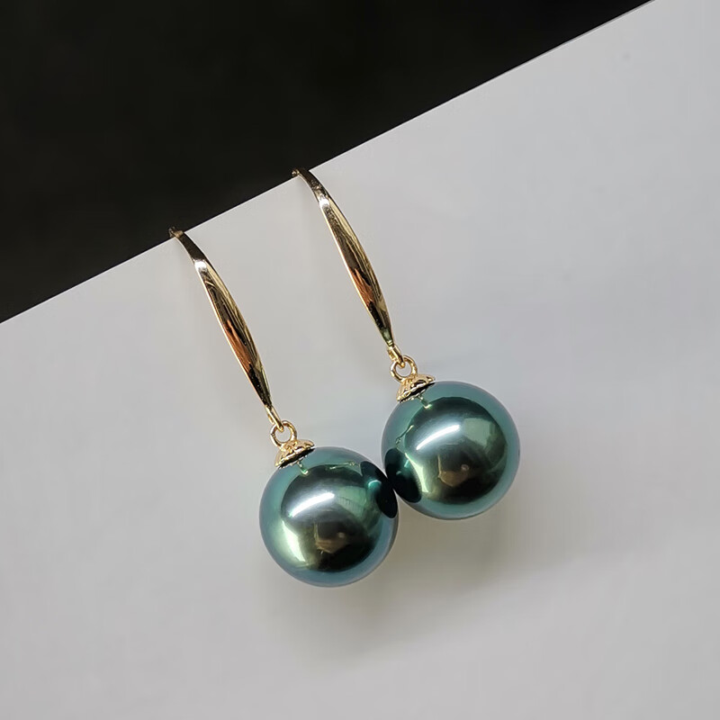 香奈蔻 shenacoz海水大溪地黑珍珠耳钩 18k金孔雀绿耳环 正圆无瑕耳钉