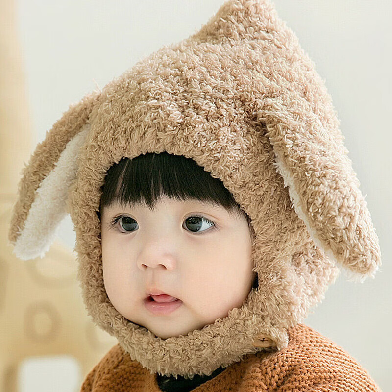 彩虹房子婴儿防风帽冬季可爱兔耳朵护耳帽儿童保暖加厚毛绒帽男女