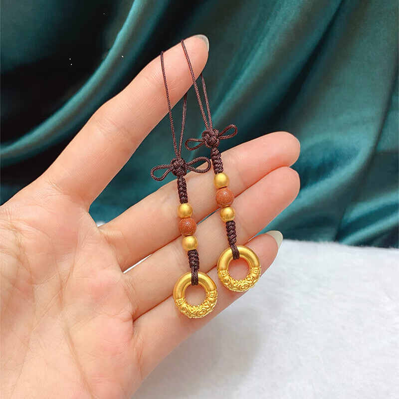 曼舒爱黄金手机挂件3d硬金转运珠平安扣钥匙扣999足金如意金箍圈吊坠 