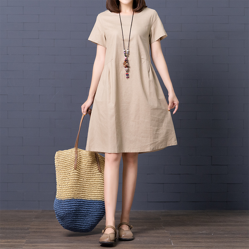 【清仓捡漏】素订棉麻女装官方素素155小个子果绿色棉麻连衣裙亚麻