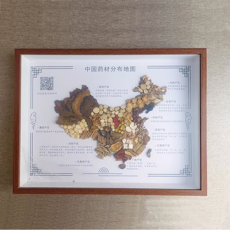 中药地图装饰画中药材挂画标本展示画中国省份中 32*42cm中国地图