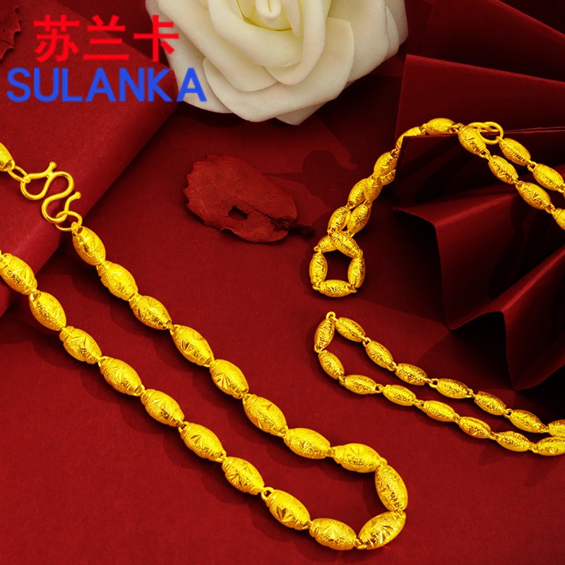 苏兰卡黄铜镀金项链男女士时尚空心豆豆珠镀沙金链子情侣款项链七夕