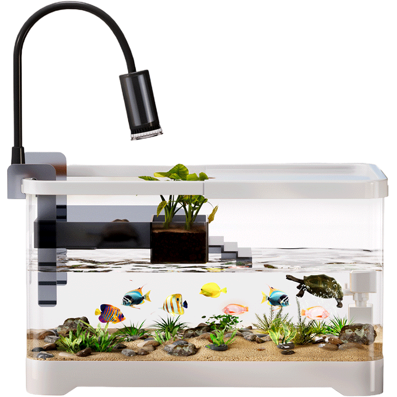 宠小岛鱼缸乌龟饲养缸鱼龟混养生态一体缸带晒台过滤制氧生态造景养龟箱 40中号白色【豪华过滤套餐】
