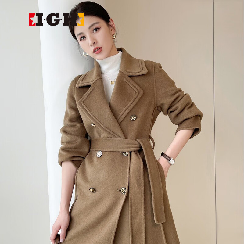 i·g·h高定品牌女装双面羊绒大衣女高端中长款2021年新款羊毛呢外套