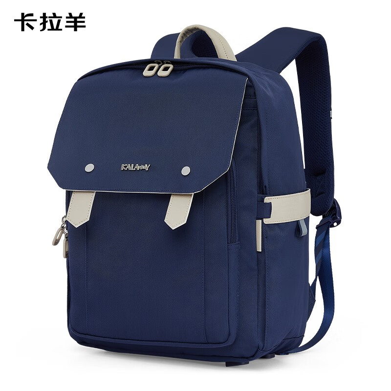卡拉羊书包初中男女大容量防下坠立体方包休闲运动背包出游旅行双肩包 经典蓝【Y型透气导流背负】