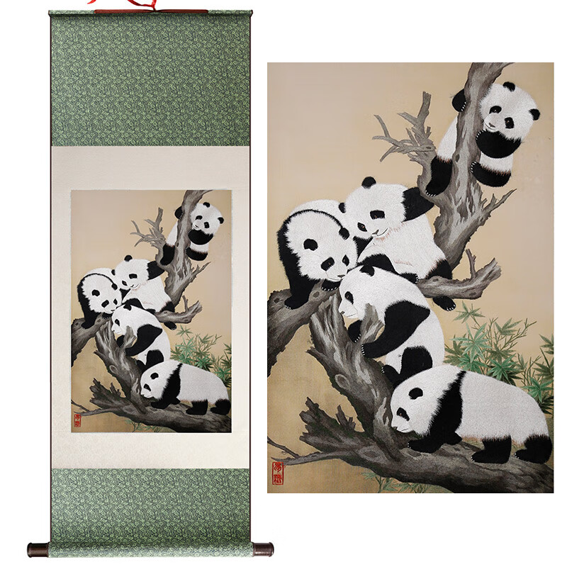 摘宝楼蜀绣手工刺绣五子登科单面绣卷轴画中国风礼品送老外北京外事