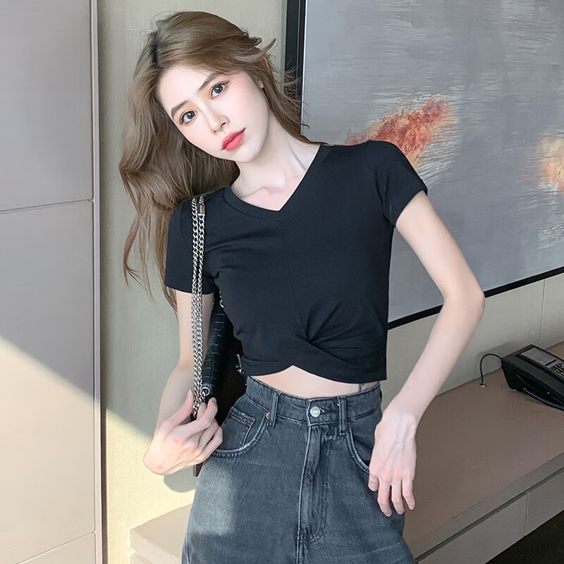 露肚脐的时尚上衣女生黑色短款衣服女短袖夏季v领小众修身半袖高腰