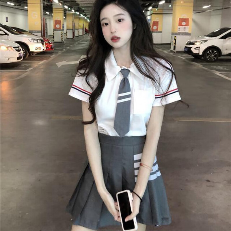 辉客映上2023季套装衬衫领带百褶裙学生高腰显瘦学院风女jk制服 短袖