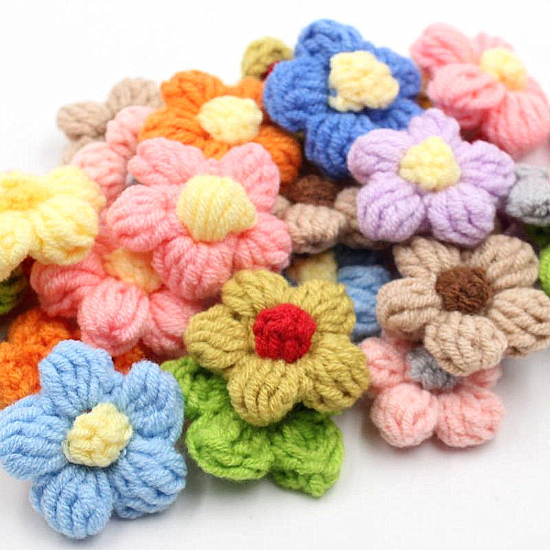 靓女街新品毛衣贴花手工发夹材料头绳装饰品毛线小花朵发圈小装饰发饰