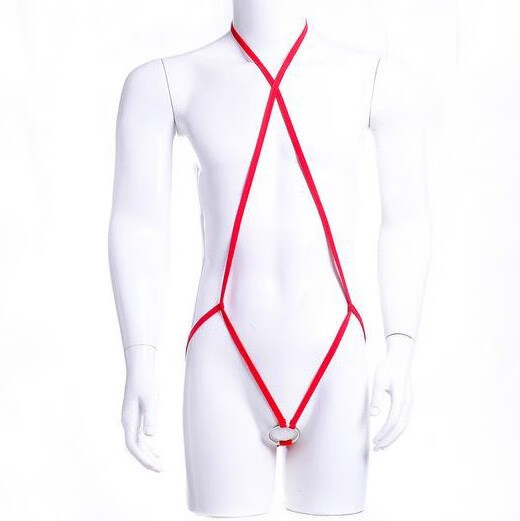 chiutse男冰丝内裤性感挂肩丁字裤裤细带双丁全透明镂空圈圈 红色