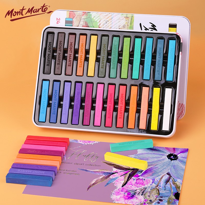 蒙玛特(Mont Marte)色粉笔24色 彩色粉笔画画粉画棒美术绘画粉彩棒儿童彩笔套装学生色粉画铁盒装MMPT0017