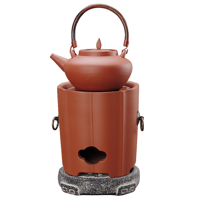 棉小城户外煮茶炉潮州紫砂红泥炭炉木碳炉炭火烧水壶手工砂铫壶功夫茶壶 状元炭炉+圆宫灯砂铫壶+4件套