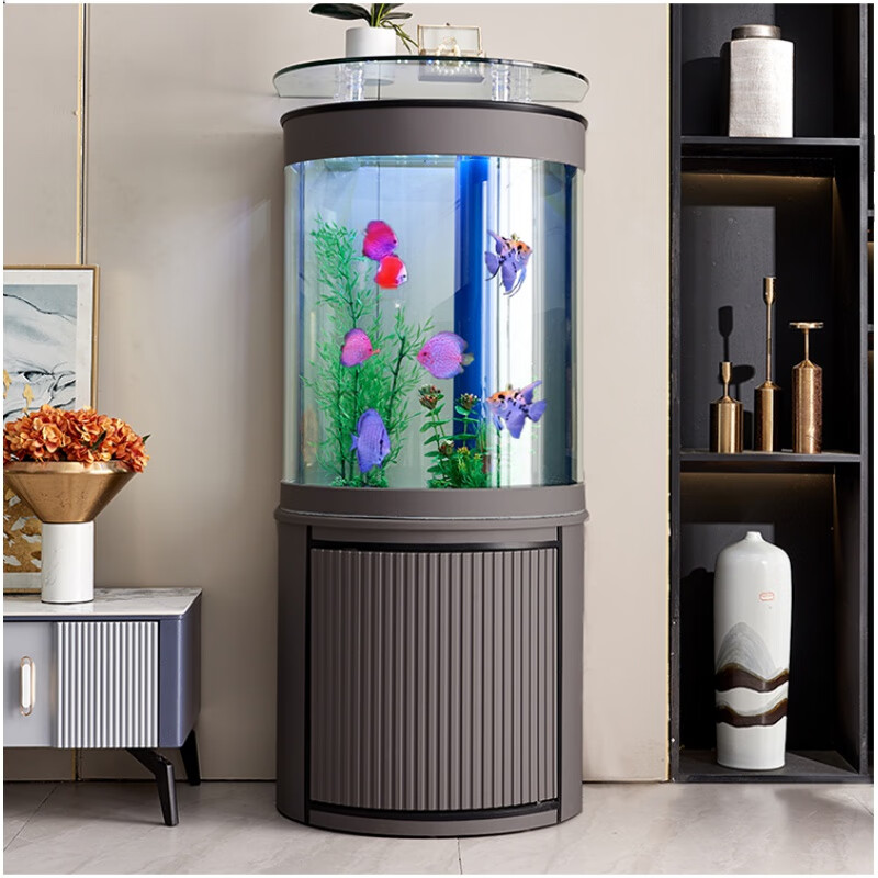 貝拉緣半圓魚缸客廳屏風(fēng)隔斷家用中型靠墻玻璃圓柱錦鯉缸底過濾 灰色50*50*160 底部過濾