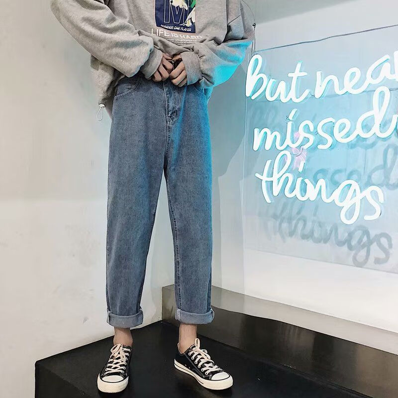 野颂经典牛仔裤男轻薄1款春夏港风潮牌黑色宽松直筒九1分裤休闲裤子学