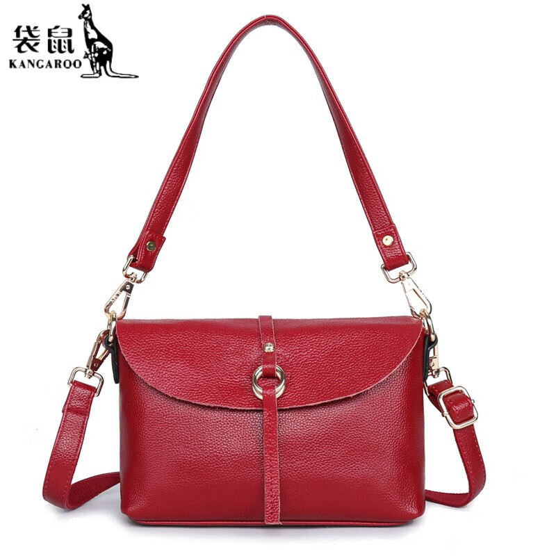 袋鼠包包女新款时尚简约欧美bags小方包单肩斜挎包女真皮 红色