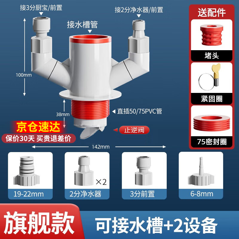 卫米厨房下水三通洗菜盆下水管三头通 下水道防臭神器 厨房止逆阀 【升级A款】接1-3个管-京仓发