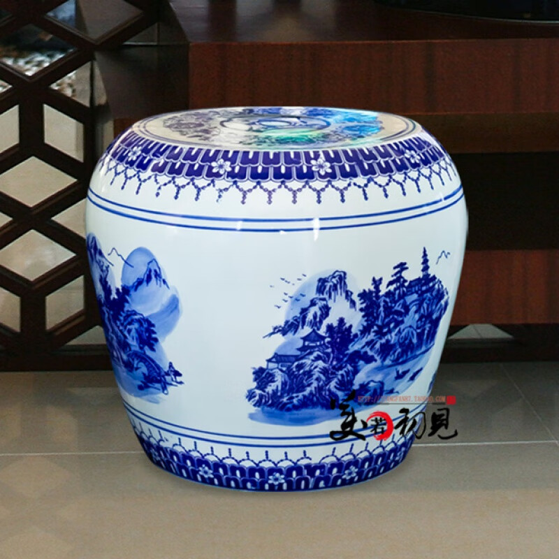 宜家配豪宜家配豪陶瓷鼓凳景德鎮(zhèn)仿古青花凳子瓷墩浴凳換鞋凳梳妝 高約33厘米青花山水蘋果凳