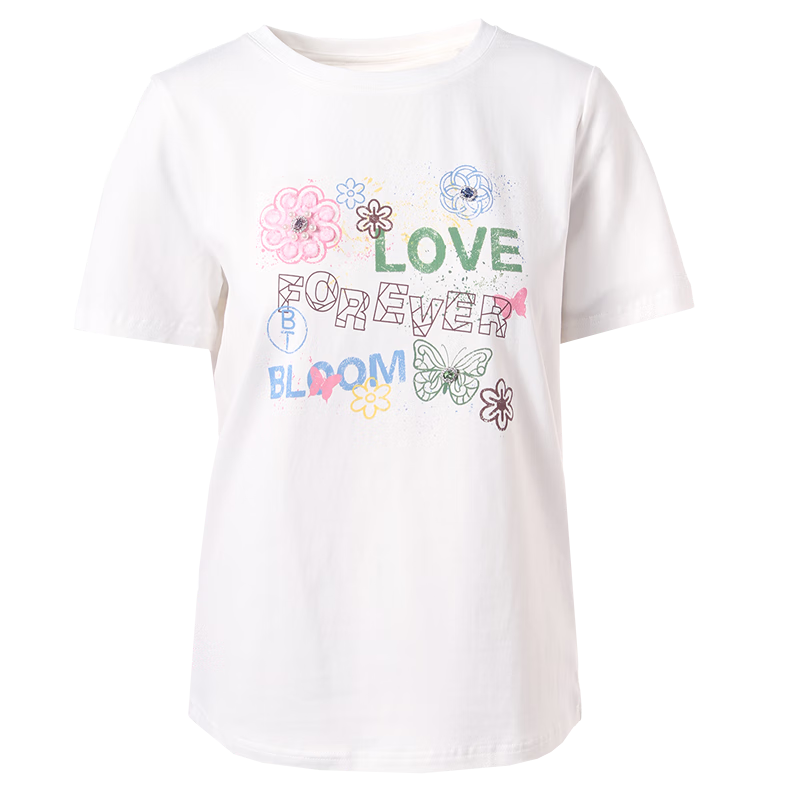 百图betu女装夏季新款T恤减龄圆领印花钉珠宽松短袖上衣女2407X05 白色 M