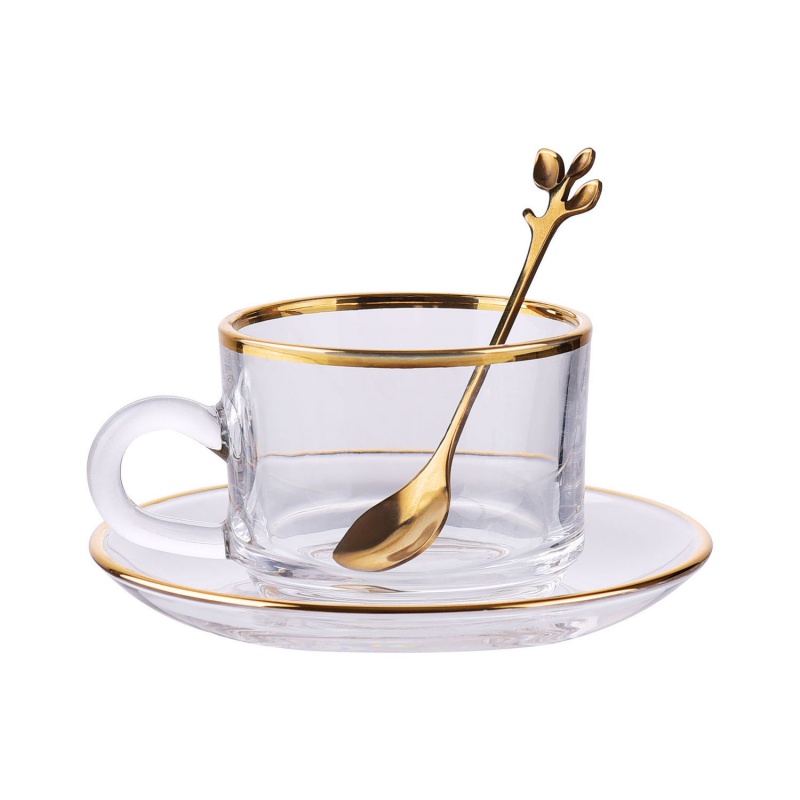 欧式金边玻璃咖啡杯套装带勺子碟子马克杯下午茶杯家用带把水杯 金边咖啡杯 一杯一勺
