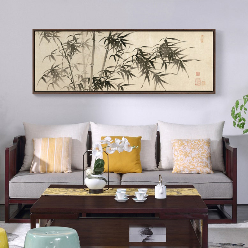 旭泽 纯手绘油画新中式水墨竹子客厅卧室茶室壁画大芬村横版挂画装饰