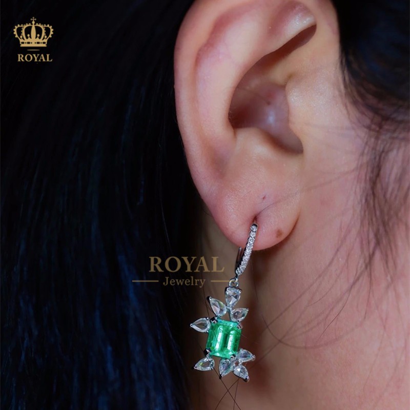 royalpick定制祖母绿耳环耳扣镶钻石18k金绿色宝石送人女朋友老婆节日
