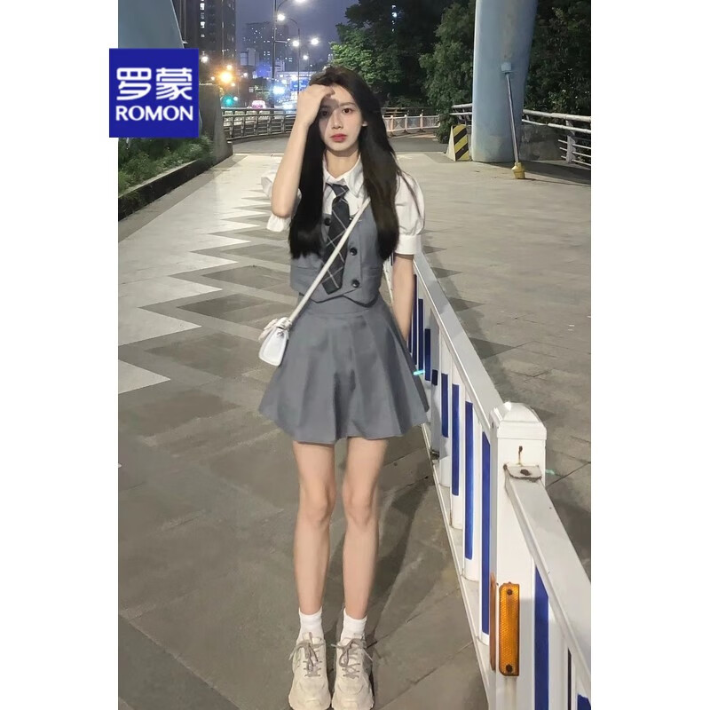 罗蒙（ROMON） 小西装美式学院风套装女夏季西装马甲短裙 短袖衬衫+马甲+半身裙【+领带】 S高性价比高么？