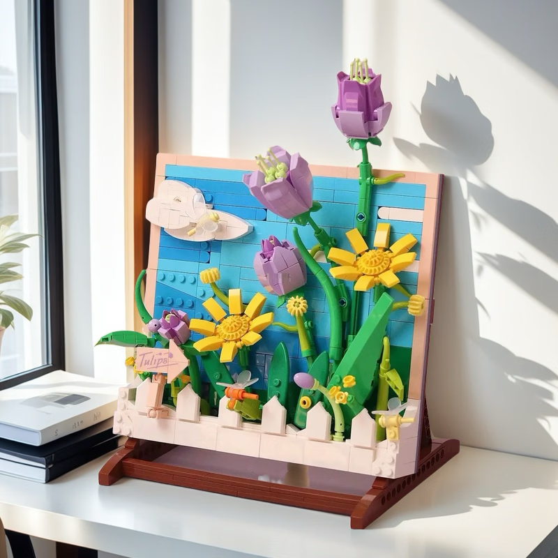 哲高积木画框立体画宇航员郁金香花卉创意拼装桌面摆件家居装饰 郁金香桌面相框