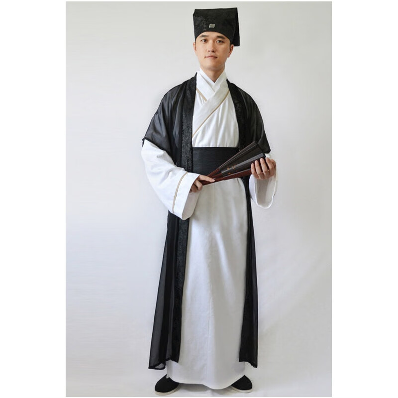 演出服唐装汉服男式中国风秀才装才子演出服 白色内衣 黑色外衣 腰封