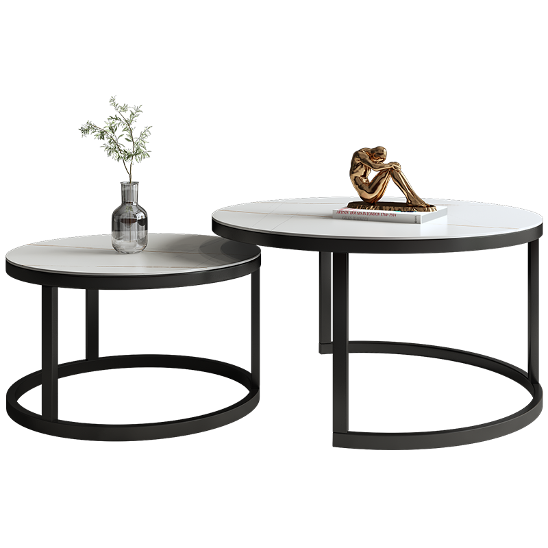 初暖 圆形茶几岩板轻奢办公室家用客厅现代简约茶几桌 劳伦黑金(不带抽屉) 50*70*45cm套装