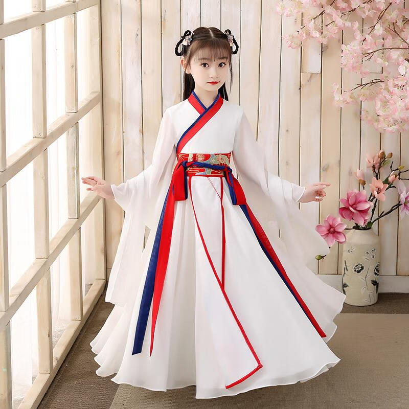 秋冬款汉服女童古装儿童连衣裙中国风唐装超仙小女孩古风襦裙 白色