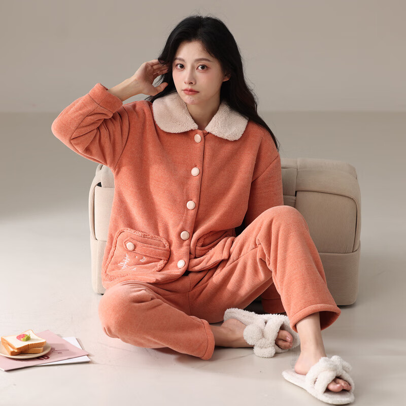 绮瑞女冬季珊瑚绒睡衣加厚三层复合绒秋冬女款时尚冬款家居服套装 杏色 2XL