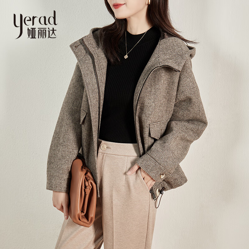 娅丽达格子毛呢短外套女2021秋冬新款复古宽松大码连帽夹克上衣女