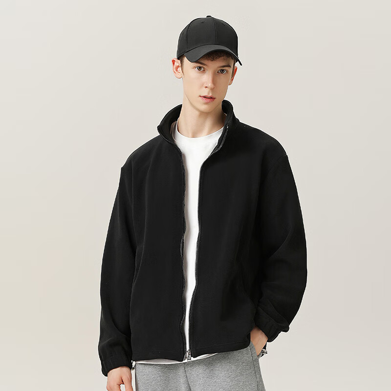 黑鲸海澜之家旗下潮牌夹克男秋冬新款加厚摇粒绒立领开衫男士保暖外套
