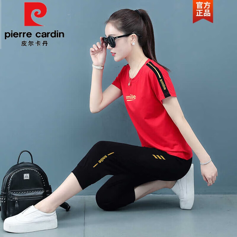 皮尔卡丹（pierrecardin）品牌含棉休闲运动套装女夏季新款七分裤广场舞妈i妈跑步服两件装 红色 2XL(125-140斤)