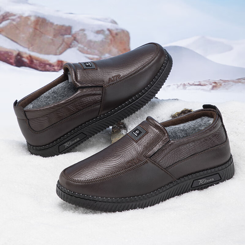 泰和源老北京布鞋男棉鞋冬季一脚蹬加绒加厚爸爸鞋防滑保暖仿皮休闲鞋 棕色69980 44