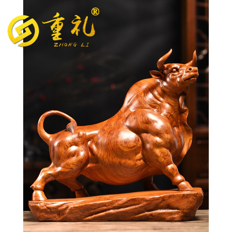 重礼 实木雕刻家用客厅装饰开业大气生肖木牛木雕家居创意牛摆件商务