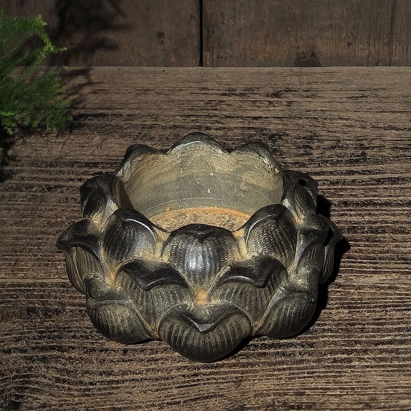 奥琅石苑老石雕旧石器仿古青石莲花盆聚宝盆烟缸摆件客厅装饰复古陈设