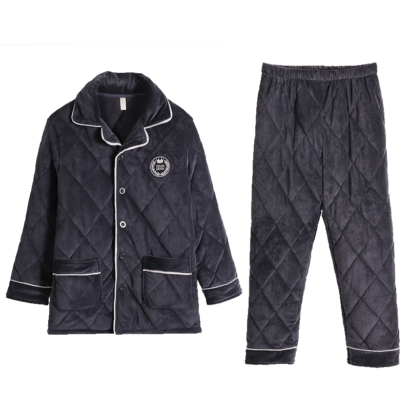 韓彩睡衣秋冬季男三層夾棉加絨加厚中老年居家省服保暖家居服套裝