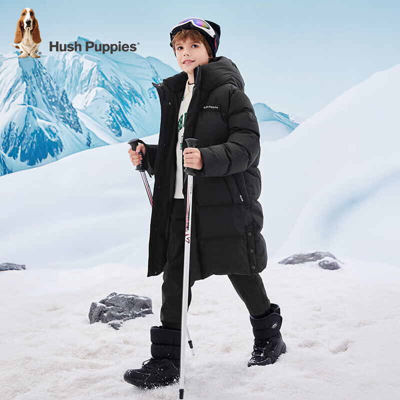暇步士(Hush Puppies)【经典款】童装儿童男女大童冬季长款三防保暖时尚质感羽绒服 钻石黑 170 【充绒量229g】