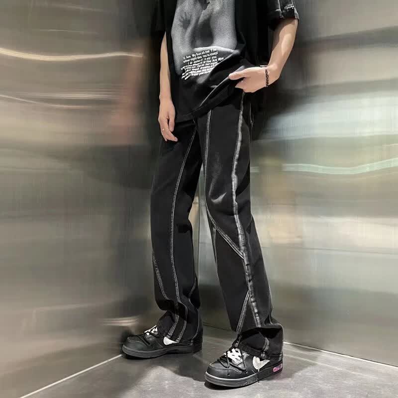 裴宏亚文化穿搭男拼接描边线条感哥特风牛仔裤宽松直筒美式高街拖地裤