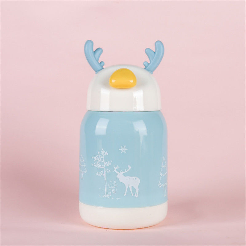 【艺漾】新款创意鹿角儿童水杯可爱卡通玻璃杯 玻璃鹿蓝色320ml