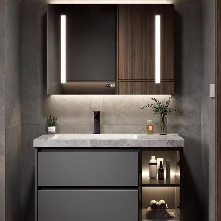 席玛梦现代浴室柜组合岩板无缝拼接陶瓷一体简约卫生间洗手洗脸盆洗漱台 岩板无缝陶瓷盆+智能镜柜 130cm