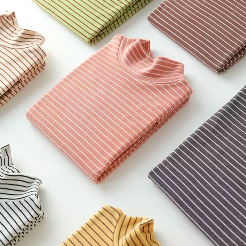 子牧棉麻秋冬装 女韩版德绒条纹打底衫加厚双面磨毛保暖长袖上衣8863 樱花粉半高领条纹款德绒 加厚 2XL (建议140-155斤)