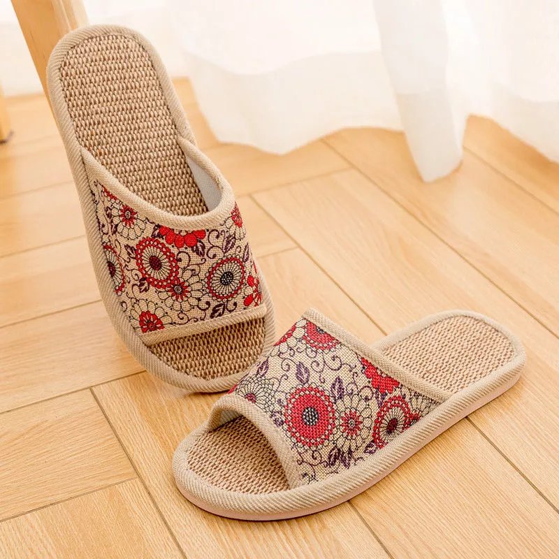 家居家室内男女情侣棉麻亚麻拖鞋防滑吹气软厚底木地板凉拖鞋夏季 车轮红色 女37-38码适合36-37脚