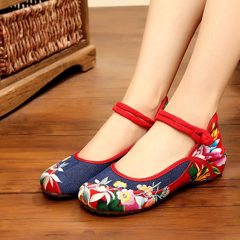 老布鞋女春夏新款民族风绣花鞋包头透气舞蹈鞋单鞋子 花布牛仔蓝色 34