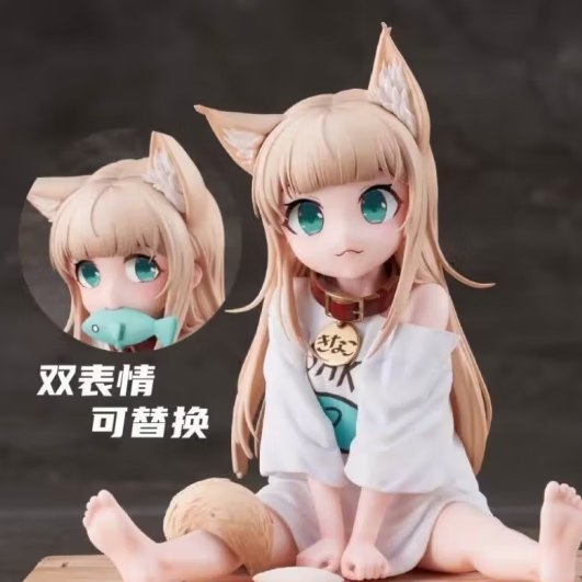 黄豆粉手办可当手机支架美少女坐着吃鱼猫娘动漫美女桌面机箱摆件 坐