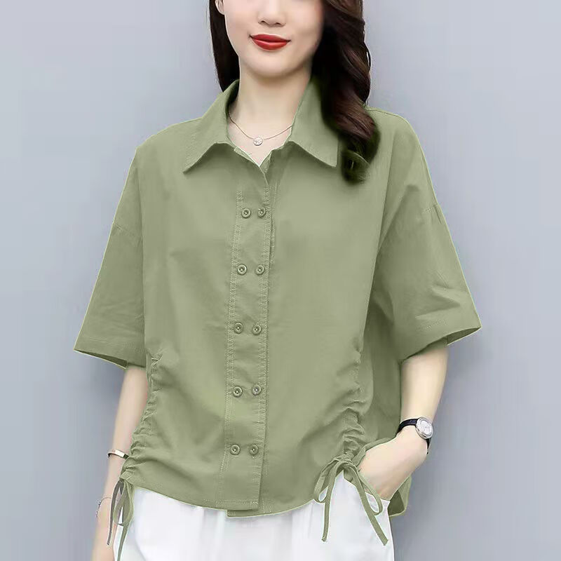 棉麻中袖衬衫女新款ma上衣抽绳T恤宽松显瘦苎麻衬衣 浅绿色 XL 建议116-127斤